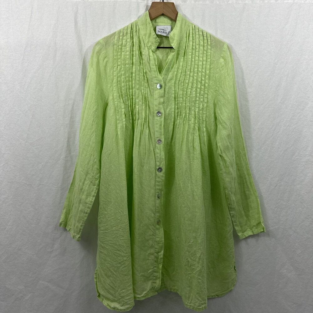 Marilu 100% Linen Green Pintuck Button Tunic Top Womens Sz S Beach Resort Italy